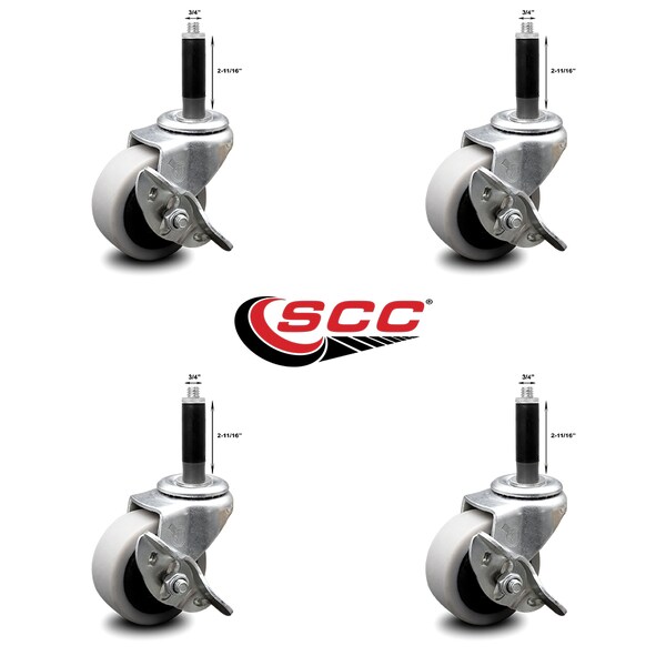 2 Inch Thermoplastic Wheel 3/4 Inch Expanding Stem Caster with Brakes, 4PK